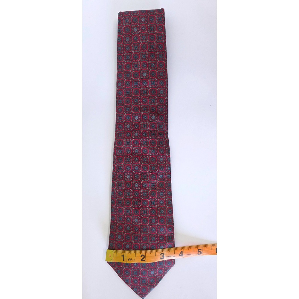 Christian Dior Mens Silk Tie Red Blue Geometric Medallion Woven in Italy USA - Picture 2 of 4